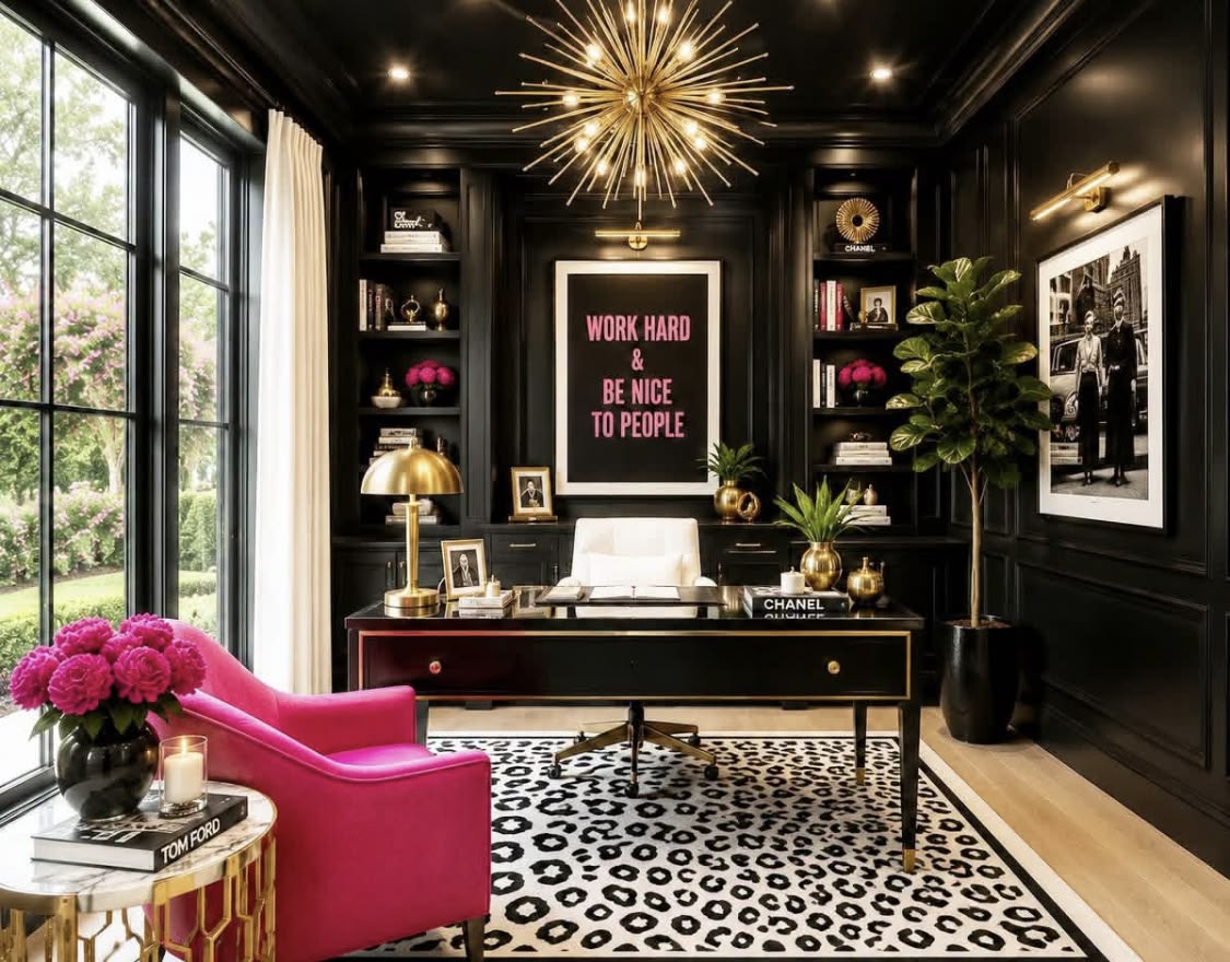 Black-paneled home office with a pink armchair, brass chandelier and leopard-print rug
