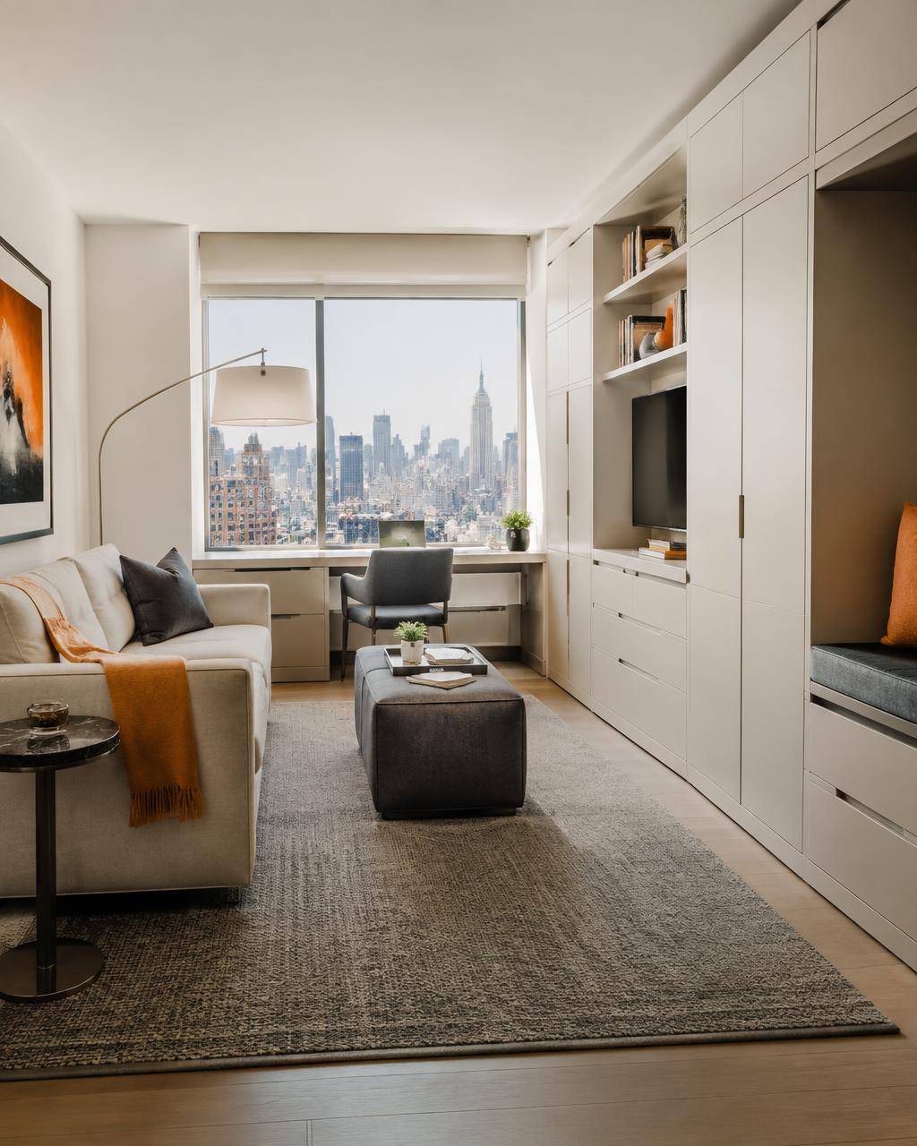Compact Manhattan apartment with built-in storage, desk nook and skyline view